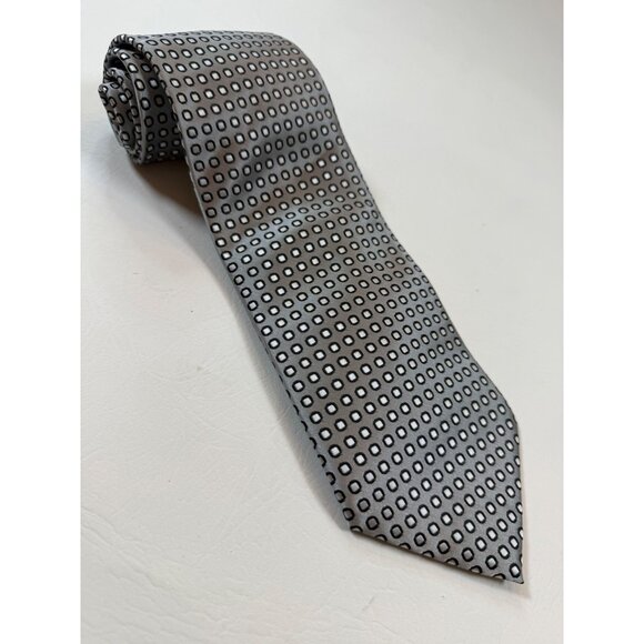 Ferrecci Silver Black Tie Geometric Squares Pattern Silk 100% Italy 58 In. - Picture 1 of 6